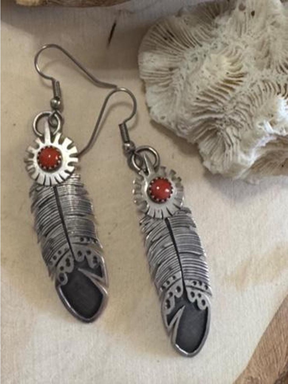 Native American B. Chee Sterling Silver Coral Dangle Feather Earrings Signed